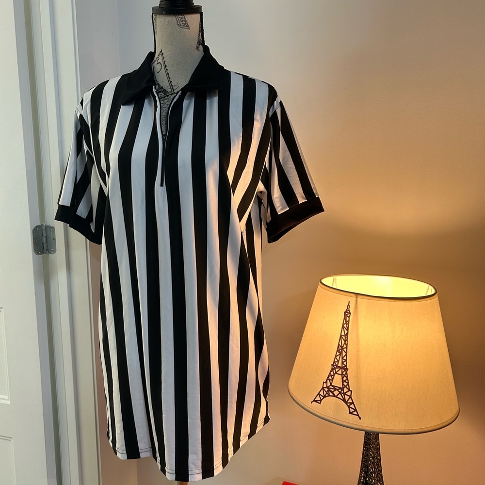 Mens Polo Shirt, Soccer, Size M, Black White Stripped